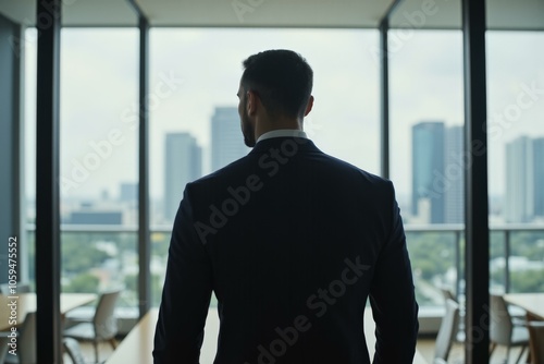 Businessman Overlooking Urban Skyline from High-Rise Office Reflecting Serious Ambition and Professional Success