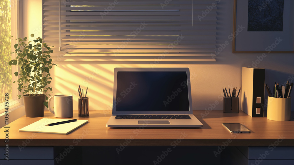 Minimalist work desk in a home office with a laptop and small business essentials Minimalist work desk in a home office with a laptop and small business essentials