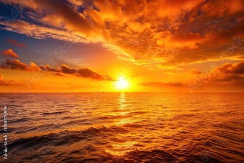 Warm orange hues of sunset over a vast expanse of ocean, peaceful, sunset, waves