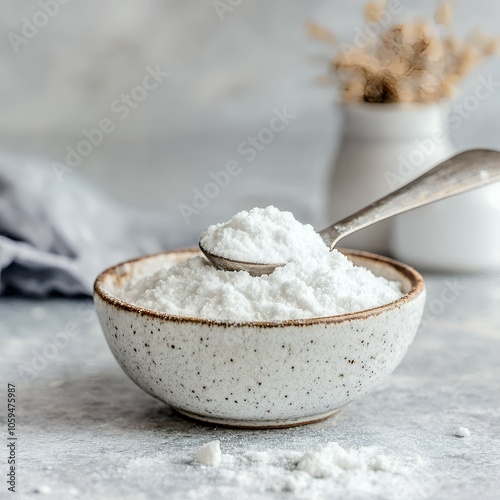 A bowl of powdered sugar with a spoon.