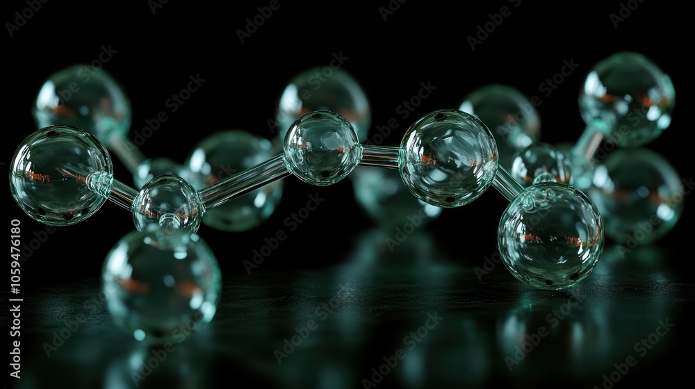 A 3D rendering of a transparent molecular structure with interconnected spheres. The molecule is isolated on a black background, creating a stark contrast A 3D rendering of a transparent molecular structure with interconnected spheres. The molecule is isolated on a black background, creating a stark contrast