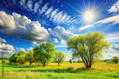 Warm sunny landscape with a bright blue sky, trees swaying gently in the breeze, and a few fluffy white clouds floating lazily across the horizon, beautiful sky, tree branches