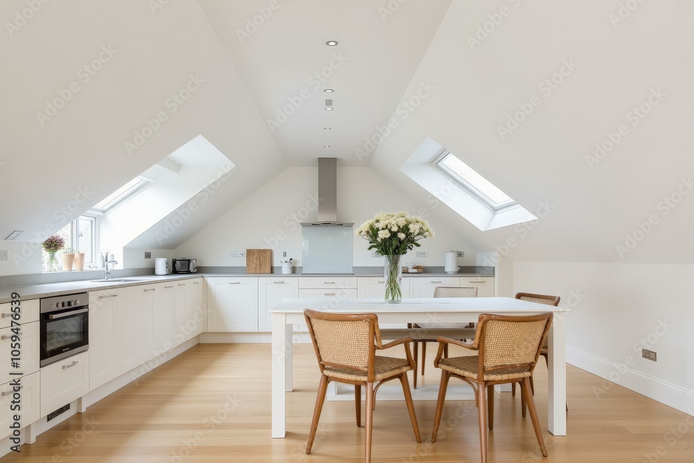 Fototapeta premium Bright Attic Kitchen Features Modern Amenities Amidst Warm Wood Floors and Cozy Seating