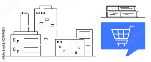 Outline of urban buildings alongside a blue shopping cart icon and a stack of books. Ideal for e-commerce platforms, urban development, digital learning, online shopping, bookstores, city planning