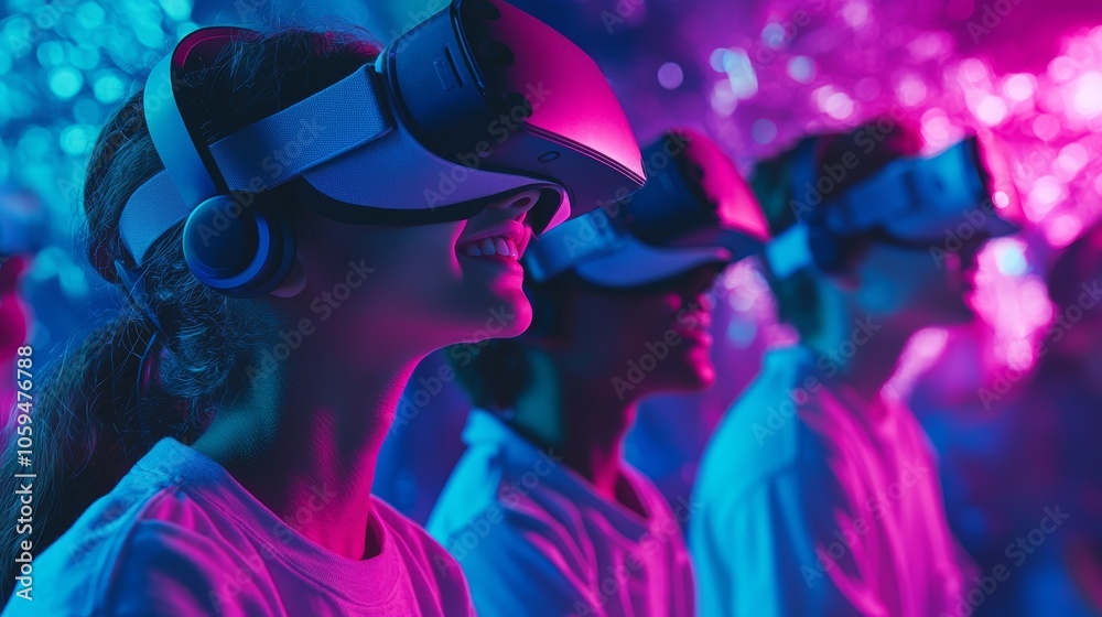A group of young adults enjoying a virtual reality experience representing the excitement and innovation of immersive digital technology A group of young adults enjoying a virtual reality experience representing the excitement and innovation of immersive digital technology