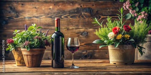 Wine bottle on a rustic wooden table surrounded by potted plants and a vase with fresh flowers, home decor, cellar door