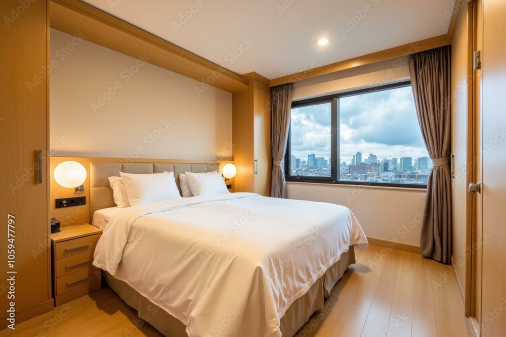 Modern City View Bedroom Offers Serene Comfort with Luxurious Bedding and Natural Light Modern City View Bedroom Offers Serene Comfort with Luxurious Bedding and Natural Light