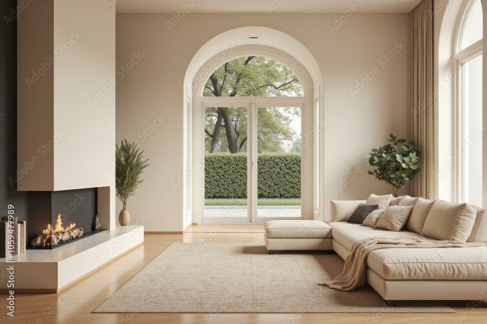 Fototapeta premium Modern living room featuring elegant sofa, warm fireplace, and serene garden view, exuding tranquility and luxury.