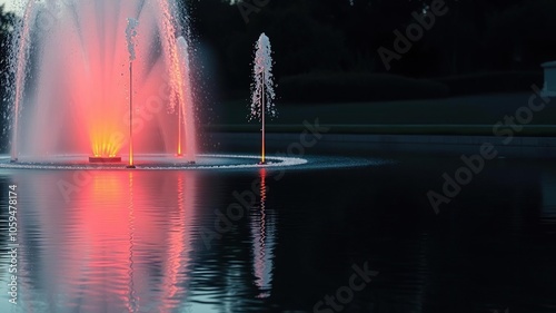 Tri colour water fountain reflecting on calm surface, reflection, tri colour, splashing photo