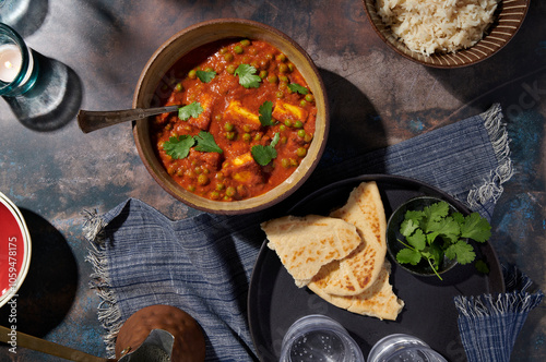 Classic Matar Paneer with Peas and Naan Bread photo