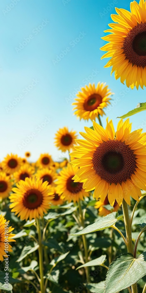 Vibrant field of blooming sunflowers under clear blue sky, sunflower field, bright, growth Vibrant field of blooming sunflowers under clear blue sky, sunflower field, bright, growth
