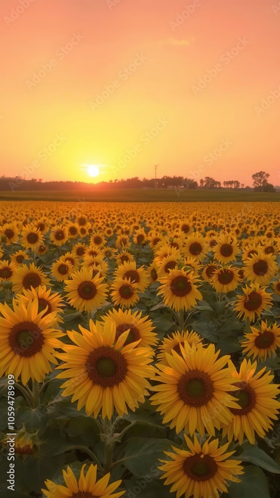 Fototapeta premium Vibrant orange and pink sunset casting a warm glow over a vast field of blooming sunflowers, landscape, field, warm glow