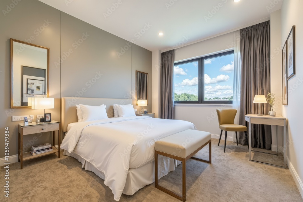 Elegant Modern Bedroom Offers Serene Comfort with Minimalist Design, Soft Lighting, and Cozy Furnishings for Relaxation.