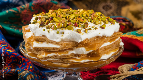 Aish el-Saraya: Creamy dessert with syrup-soaked bread layers, topped with thick cream and crushed pistachios, served in a glass dish against vibrant Middle Eastern fabrics.






 photo