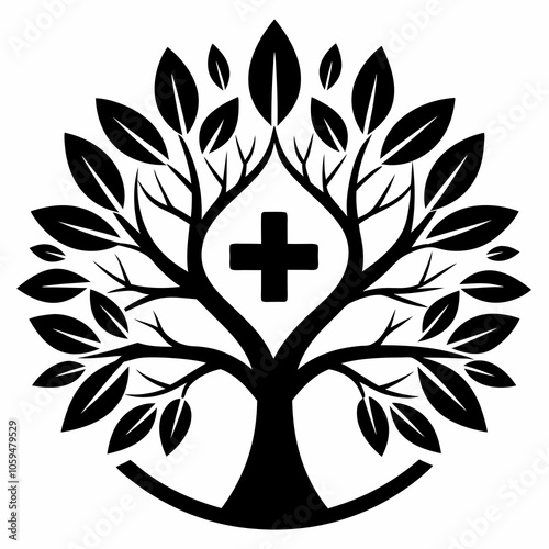 medical tree black and white vector logo