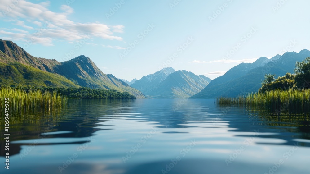 Tranquil lake platform against mountain ridges and clear skies, showcasing nature quiet majesty. Tranquil lake platform against mountain ridges and clear skies, showcasing nature quiet majesty.
