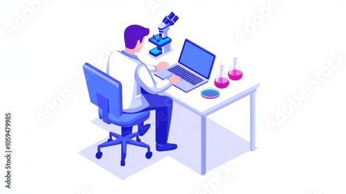 Scientist Working at Desk with Laboratory Equipment