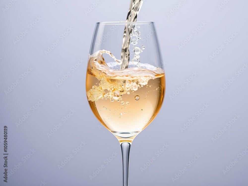 White wine splash captured mid-air as it falls into a wine glass, celebration, liquid White wine splash captured mid-air as it falls into a wine glass, celebration, liquid