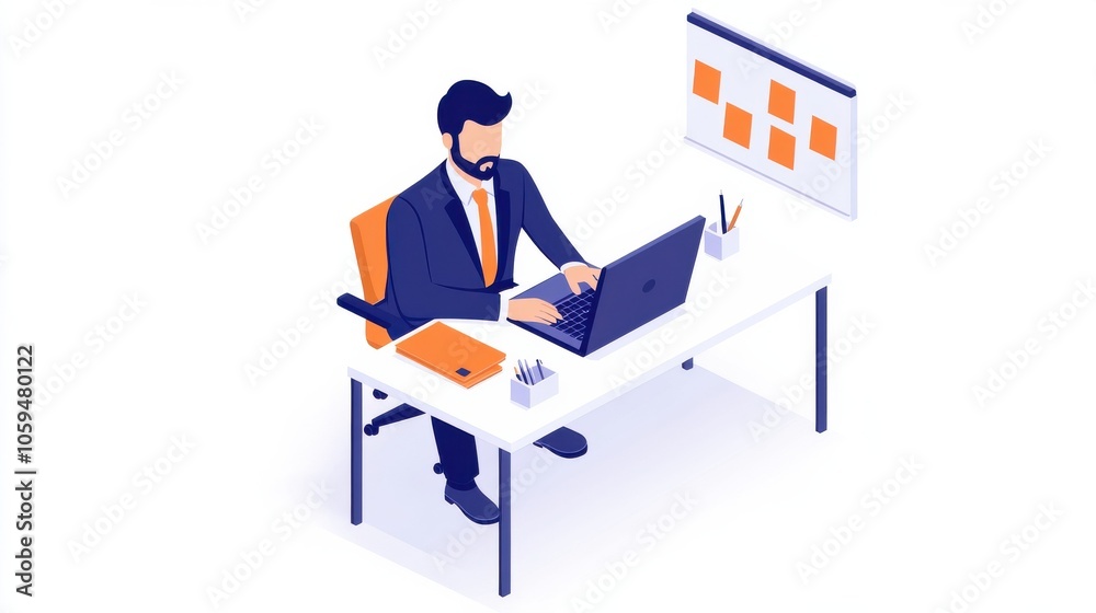 Professional Man Working at Desk in Isometric Style Professional Man Working at Desk in Isometric Style