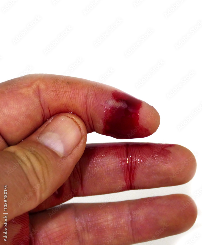 Blood flowing from the cut on the hand after the knife accident