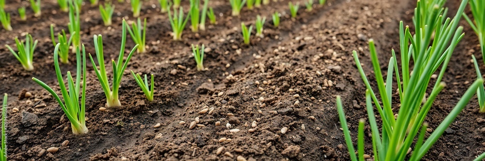 Yellow onion bulb seeds neatly lined up in rows on rich brown soil, ready for planting, gardening, agriculture Yellow onion bulb seeds neatly lined up in rows on rich brown soil, ready for planting, gardening, agriculture