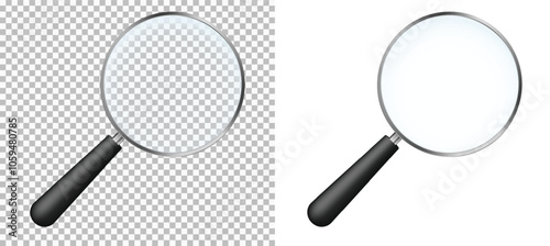 Optical magnifying glass set. Scaling and exploring tool with long handle and concave mirror glass realistic vector design