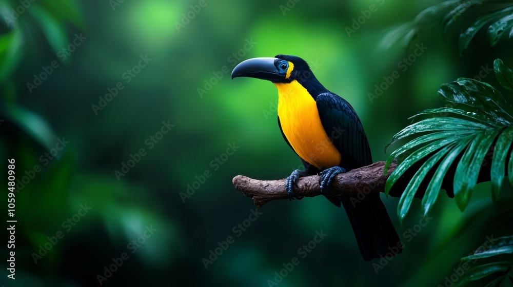 Obraz premium Vibrant Bird Perched on Branch in Lush Greenery