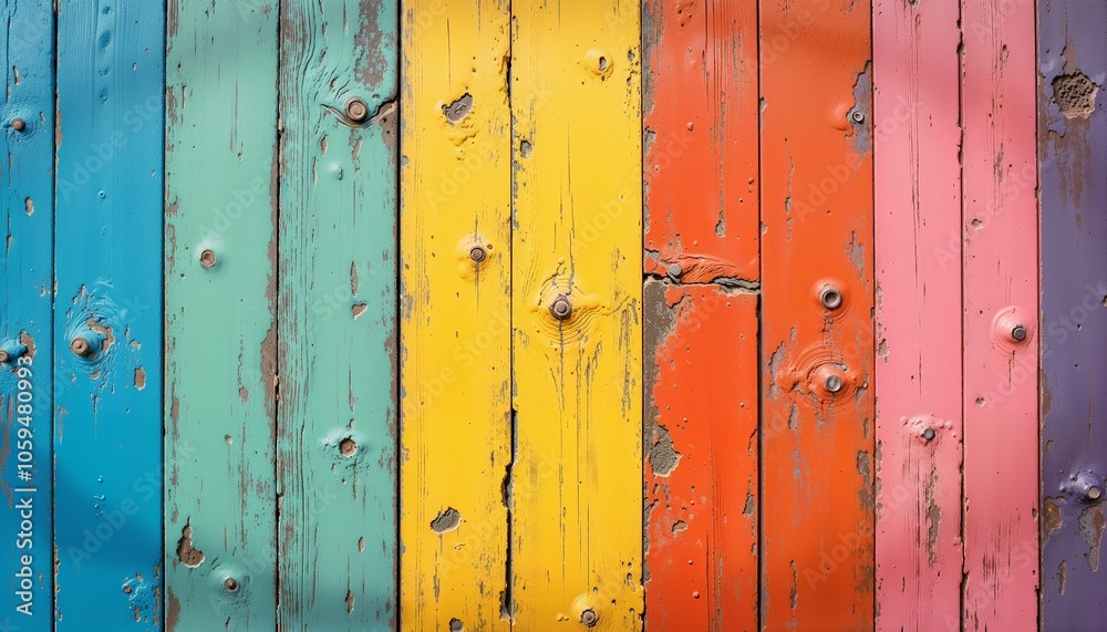 Colorful weathered wooden planks with vibrant paint in a rainbow of hues Colorful weathered wooden planks with vibrant paint in a rainbow of hues