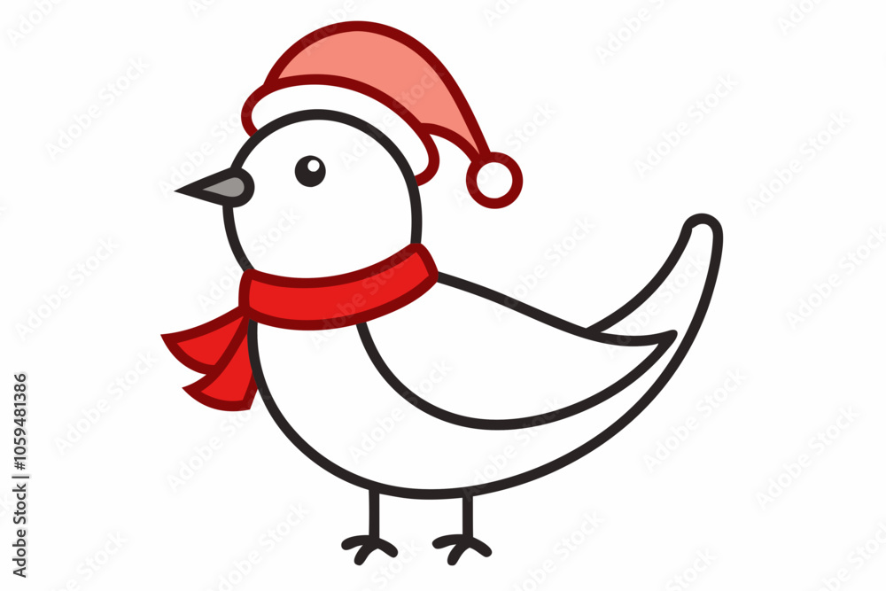 Vector Outline of A cute Dove wearing a Santa clause hat and scarf on white background. Vector Outline of A cute Dove wearing a Santa clause hat and scarf on white background.