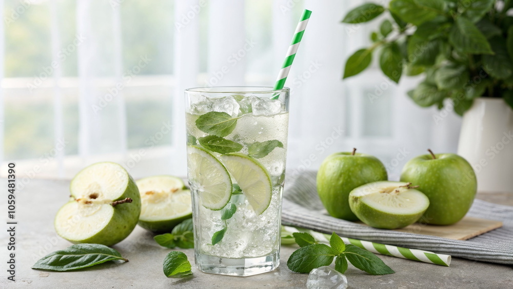 Fototapeta premium Apple Basil Mocktail with green straws - ideal for healthy lifestyle blogs, summer drink recipes, wellness websites, and non-alcoholic beverage presentations
