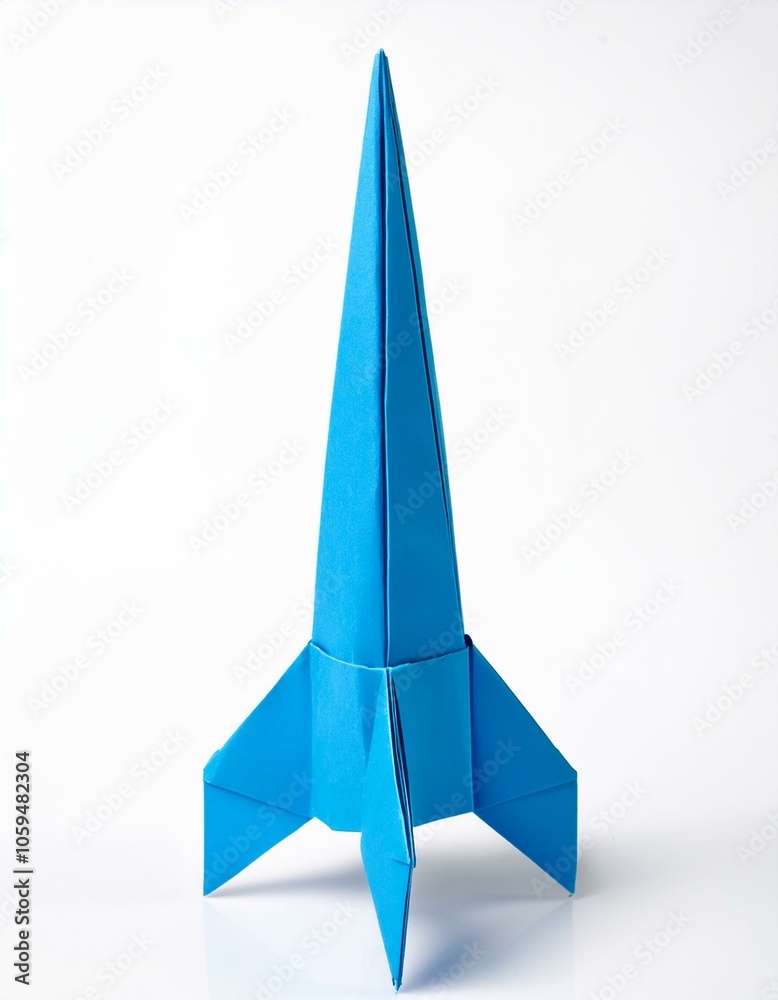 Blue origami rocket on white background