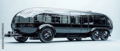 Black futuristic camper van with large panoramic windows.