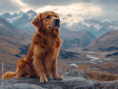A large golden retriever is sitting on a rock in a mountainous area. The dog appears to be looking off into the distance, possibly taking in the beauty of the landscape