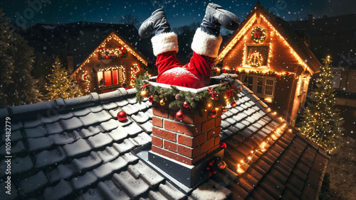 Santa Claus stuck upside down in chimney, humorous Christmas scene with snowy rooftops and cozy lit windows in background. Holiday mishap concept.
