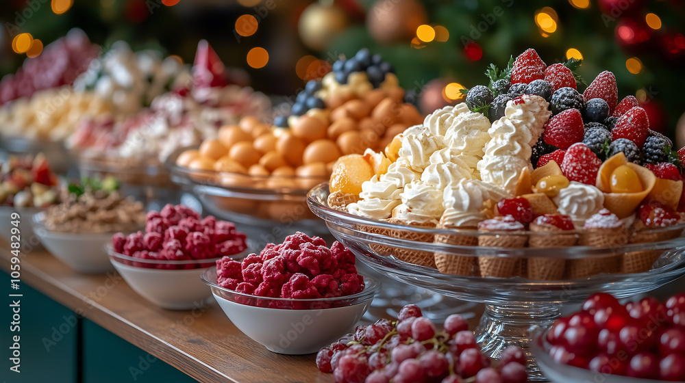 A festive ice cream bar featuring a selection of toppings, sauces, and colorful cones, set up at a New Year's party with festive decorations all around A festive ice cream bar featuring a selection of toppings, sauces, and colorful cones, set up at a New Year's party with festive decorations all around