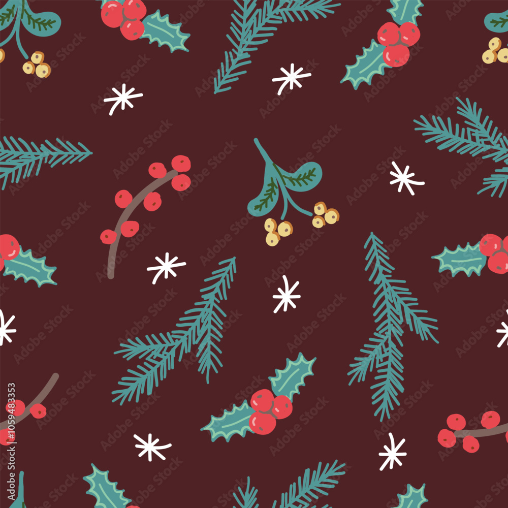 Obraz premium Christmas botanical seamless pattern. Winter plants on blue background. Wallpaper with pine branches, mistletoe, and holly berry. Holiday decoration elements on dark red background.
