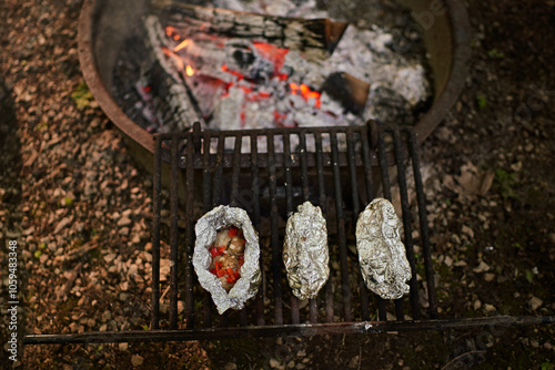 Foil-wrapped food cooking over campfire grill
 photo