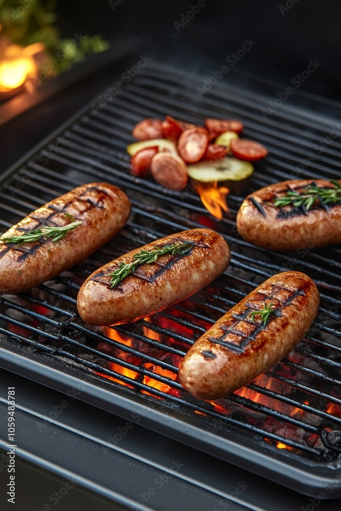 Grilled Sausages with Rosemary Sprigs and Grilled Vegetables on Barbecue Grill, Close Up View Grilled Sausages with Rosemary Sprigs and Grilled Vegetables on Barbecue Grill, Close Up View