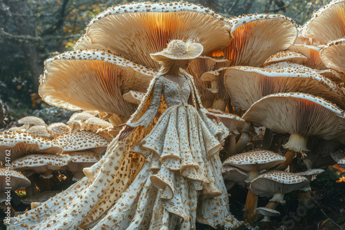 A surreal image of a woman with a cape made of mushroom gills, her dress patterned like toadstool spots, with her arms gently outstretched as if sheâ€™s part of the forest herself, photo