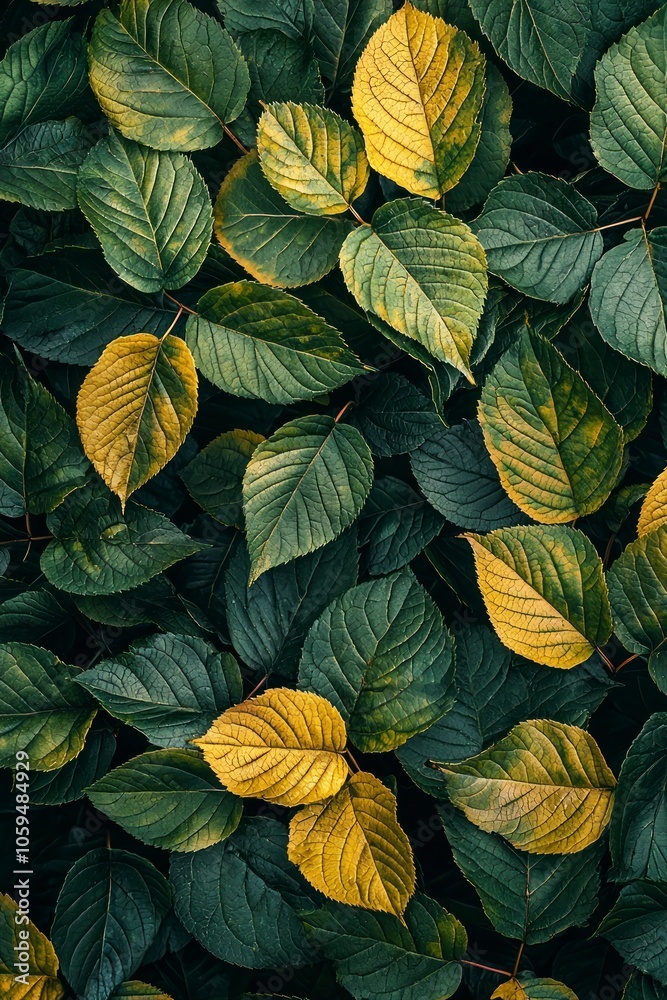 Fototapeta premium Close-up of leaves with dark green and yellow tones