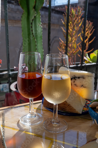 Sherry fino, manzanilla, olorosso wine, jerez fortified wine made from palomino white grape served in Jerez de la Frontera, Cadiz, Andalusia, Spain photo