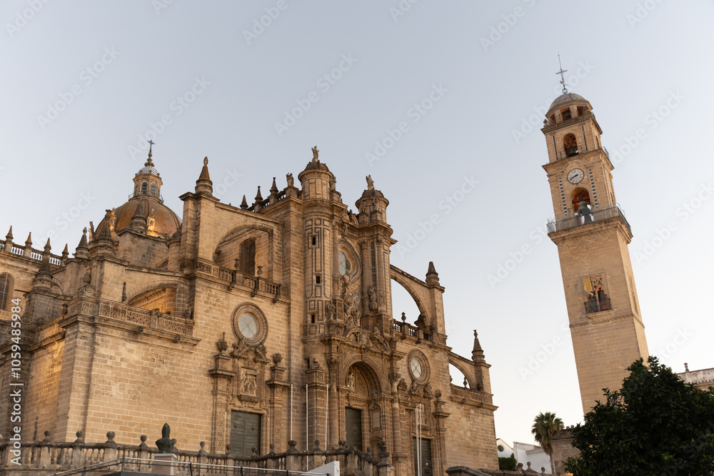 Naklejka premium Walking in old part of Jerez de la Frontera, Sherry wine making town, Andalusia, Spain in summer, architectural details, Andalusian style, churches and towers