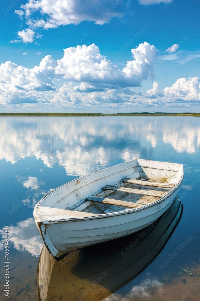 Obraz premium A weathered rowboat floating on calm lake with blue sky reflection