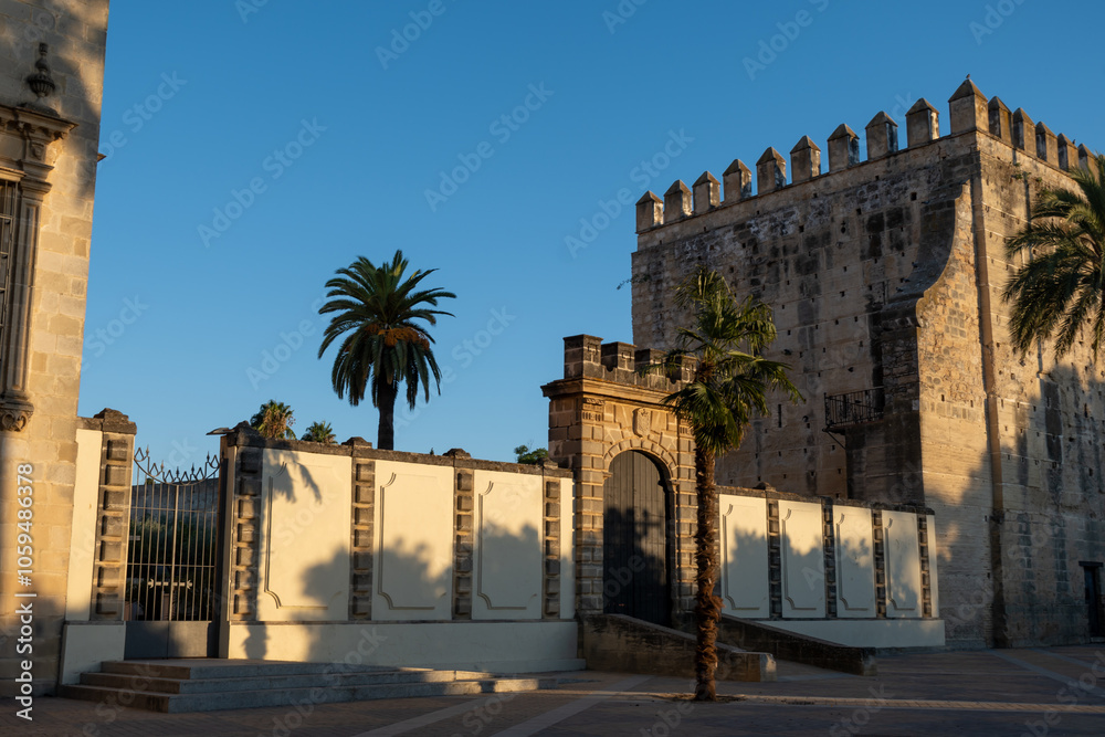 Naklejka premium Walking in old part of Jerez de la Frontera, Sherry wine making town, Andalusia, Spain in summer, architectural details, Andalusian style