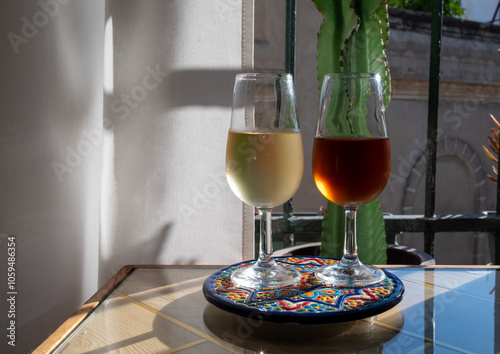 Sherry fino, manzanilla, olorosso wine, jerez fortified wine made from palomino white grape served in Jerez de la Frontera, Cadiz, Andalusia, Spain photo