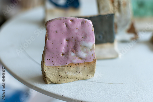 Samples of ceramic art objects and tabelware during workshop in art ceramic atelier in Poland photo