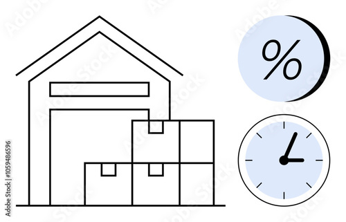 Warehouse with stacked boxes, percentage symbol, and clock indicating efficiency and time management. Ideal for logistics, supply chain, inventory control, time management, business, warehouse
