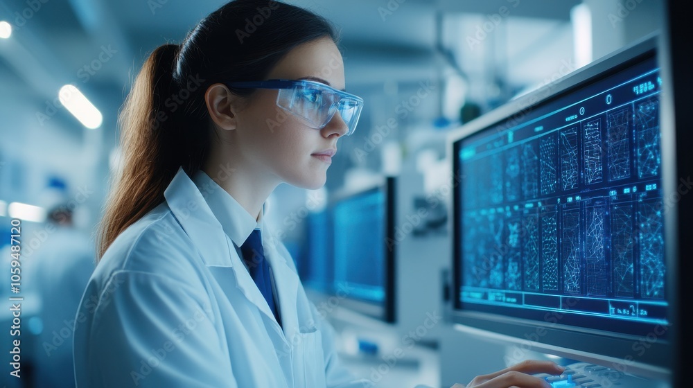 Scientist in Futuristic Biotech Lab Analyzing Data Scientist in Futuristic Biotech Lab Analyzing Data