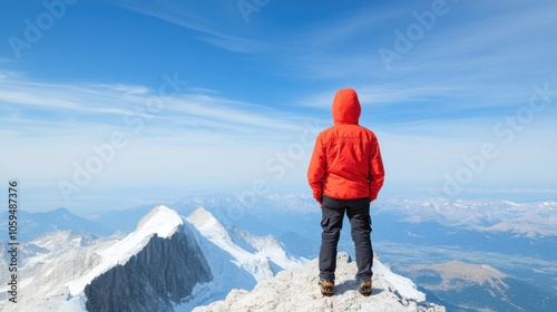 Person in Orange Jacket Gazes at Scenic Horizon