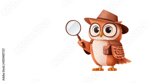 Cute cartoon owl detective holding magnifying glass wearing brown hat and bag. Perfect for mystery, education, and children's concepts. isolated PNG transparent background. photo